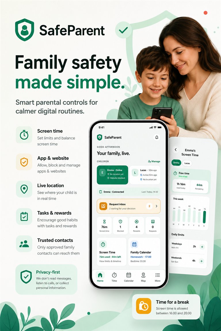 SafeParent Android app dashboard and family safety controls